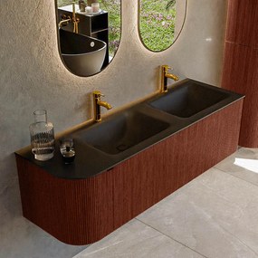Mondiaz Kurve 145cm badmeubel ronding links ruby met 1 lade en deur en wastafel cloud dubbel/rechts 2 kraangaten urban