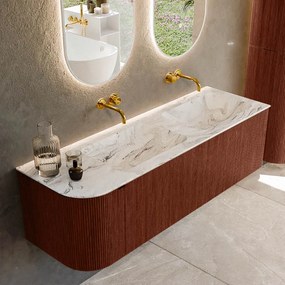 Mondiaz Kurve-dlux 145cm badmeubel ronding links ruby met 1 lade en deur en wastafel leaf dubbel/rechts zonder kraangat glace