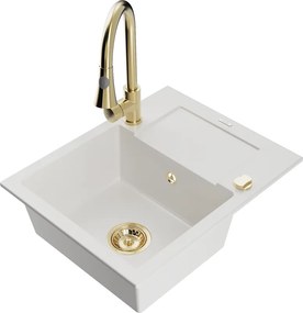 Mexen Enzo granieten gootsteen 1-kamer met druiprek en keukenmengkraan Elia, wit - 6506-20-670101-50