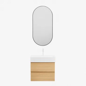 Badkamermeubelset Van Hout En Essenhoutfineer Met Geïntegreerde Wastafel Ona Natuurlijk Hout & Ovale Led En Anticondens Zwart 50x100 Cm Asteiro & -