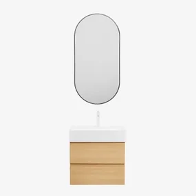 Badkamermeubelset Van Hout En Essenhoutfineer Met Geïntegreerde Wastafel Ona Natuurlijk Hout & Ovale Led En Anticondens Zwart 50x100 Cm Asteiro & -