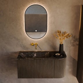 Mondiaz Kurve-dlux 95cm badmeubel ronding rechts shadow met 1 lade en deur en wastafel big small links zonder kraangat lava