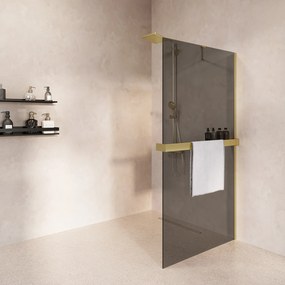 Saniclear Oblique inloopdouche 120cm met handdoekhouder en rookglas geborsteld messing - mat goud