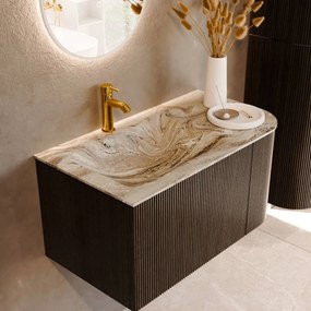 Mondiaz Kurve-dlux 85cm badmeubel ronding rechts shadow met 1 lade en deur en wastafel cloud kraangat links glace