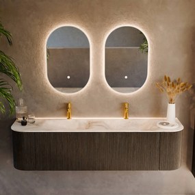 Mondiaz Kurve-dlux 170cm badmeubel ronding links/rechts shadow met 1 lade en 2 deuren en wastafel leaf dubbel 2 kraangaten frappe