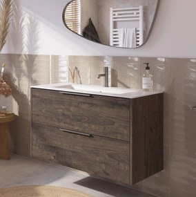 Saqu Lima badmeubel incl. keramische wastafel 100x46x61cm kasteel bruin – rvs greep