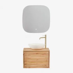 Deleyna Zwevend Houten Badkamermeubelset Natuurlijk Hout & Rond Cement Wit Ø40 Cm Zavion & Vierkant Led En Anticondens 75x75 Cm Riben & - Sklum