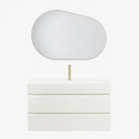 Ona Zwevend Badkamermeubelset Van Hout En Essenfineer Met Geïntegreerde Wastafel Wit & Ovaal Led En Anticondens 100x80 Cm Riben & Goud - Sklum