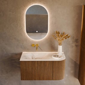 Mondiaz Kurve-dlux 85cm badmeubel ronding rechts dusk met 1 lade en deur en wastafel cloud links zonder kraangat frappe