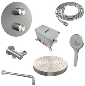 Brauer Stripe inbouw regendouche rond met 25cm hoofddouche, gebogen muurarm en 3 standen handdouche set 41 RVS geborsteld PVD