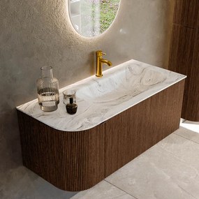 Mondiaz Kurve-dlux 105cm badmeubel ronding links walnut met 1 lade en deur en wastafel big small kraangat rechts glace