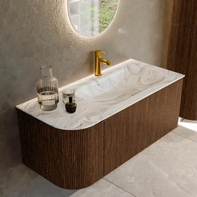 Mondiaz Kurve-dlux 105cm badmeubel ronding links walnut met 1 lade en deur en wastafel big small kraangat rechts glace