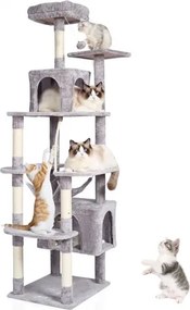VEVOR Kattenboom voor Binnenkatten, 183 cm Grote Kattentoren met 2 Kattenhuizen, Sisal Krabpaal, Hangmat, Bovenzitstok, Springplatforms, Groot Meubel voor Katten, Activiteitencentrum met Hangende Bal, Lichtgrijs