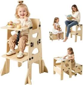 VEVOR Leertoren voor kinderen van 1 tot 5 jaar, in hoogte verstelbare houten leerstoel, Montessori tafel- en stoelset, leertoren met schoolbord en rugleuning voor badkamer- en keukenblad.