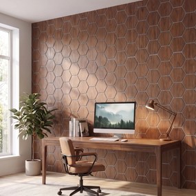 Hexagon Panel Walnoot met Grijs Vilt 81CM | Akoestisch | Wanddecor | Zeshoekig- Grijs vilt