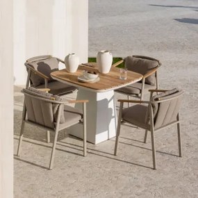 Set Van 90x90 Cm Vierkante Tafel In Aluminium En Inkeri Teakhout En 4 Tuinstoelen In Aluminium En Yervin Bouclé Stof Moka Bruine Bouclé Stof - Sklum
