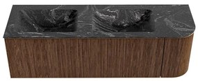 Mondiaz Kurve-dlux 145cm badmeubel ronding rechts walnut met 1 lade en deur en wastafel leaf dubbel/links 2 kraangaten lava