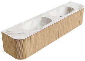 Mondiaz Kurve-dlux 200cm badmeubel ronding links/rechts oak met 2 lades en deuren en wastafel stor small dubbel 2 kraangaten frappe