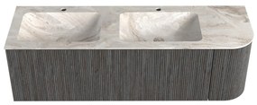 Mondiaz Kurve-dlux 145cm badmeubel ronding rechts shadow met 1 lade en deur en wastafel leaf dubbel/links 2 kraangaten frappe