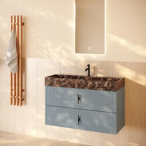 Muebles Murcia badmeubel ribbelfront 100cm baby blauw met Dark Emperador wastafel met kraangat