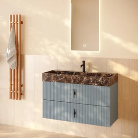 Muebles Murcia badmeubel ribbelfront 100cm baby blauw met Dark Emperador wastafel met kraangat
