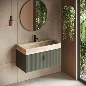 Muebles Zahora badmeubel ribbelfront 100cm legergroen met White Travertin wastafel zonder kraangat