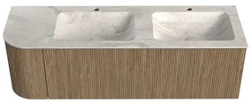 Mondiaz Kurve-dlux 145cm badmeubel ronding links dusk met 1 lade en deur en wastafel leaf dubbel/rechts 2 kraangaten ostra