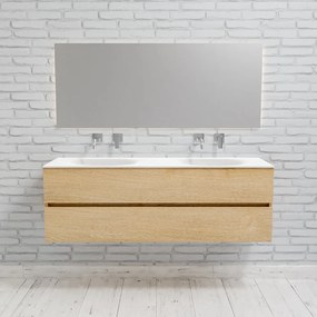 Zaro Sevilla Solid Surface badmeubel 150cm licht eiken zonder kraangat dubbele spoelbak met 2 lades