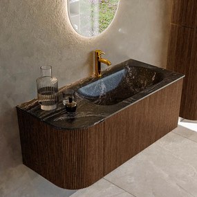 Mondiaz Kurve-dlux 105cm badmeubel ronding links walnut met 1 lade en deur en wastafel big small kraangat rechts lava