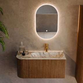 Mondiaz Kurve-dlux 95cm badmeubel ronding links dusk met 1 lade en deur en wastafel big small kraangat rechts glace