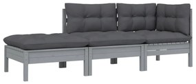 vidaXL 3-delige Loungeset met kussens massief grenenhout grijs