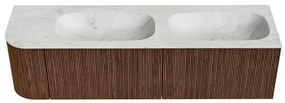 Mondiaz Kurve-dlux 165cm badmeubel ronding links walnut met 2 lades en 1 deur en wastafel stor small dubbel/rechts zonder kraangat opalo