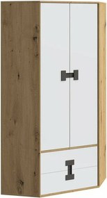 Hoekkledingkast Florevi 114, Mat wit, Artisan eiken, 191x88x88cm, 85.52 kg, Kledingkast deuren: Met scharnieren, Aantal planken: 3, Aantal planken: 3