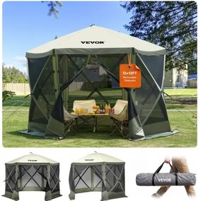 VEVOR Pop-Up Paviljoentent, pop-up tent met 6-zijdige luifel, zonnescherm met 6 verwijderbare privacyschermen en gaasramen, 3 x 3 meter, snel op te zetten tent met muggennet, legergroen