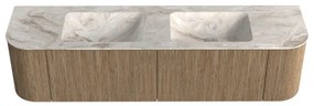Mondiaz Kurve-dlux 180cm badmeubel ronding links/rechts dusk met 2 lades en deuren en wastafel leaf dubbel zonder kraangat frappe