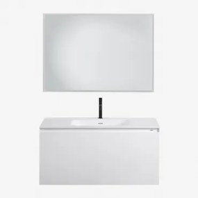 Macrae Zwevend Houten Badkamermeubelset Met Geïntegreerde Wastafel Wit & Rechthoekige Led En Anticondens 100x70 Cm Riben & Mat Zwart ↑20 Cm Met Afvoer