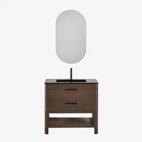 Badkamermeubelset In Hout Met Geïntegreerde Wastafel Misene Donker Hout & Ovaal Met Opbergruimte Zwart 50x90 Cm Oricsa & Mat Zwart - Sklum