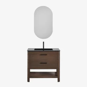 Badkamermeubelset In Hout Met Geïntegreerde Wastafel Misene Donker Hout & Ovaal Met Opbergruimte Zwart 50x90 Cm Oricsa & Zwart ↑20 - Sklum