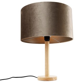 Tafellamp hout met velours kap taupe 35cm - Mels Landelijk, Klassiek / Antiek E27 rond Binnenverlichting Lamp