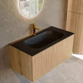 Mondiaz Kurve 90cm badmeubel oak met 1 lade en wastafel big small midden 1 kraangat urban