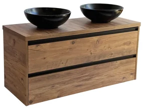 Sanicare Arda badkamermeubel 120cm arrano oak met ronde zwarte waskommen