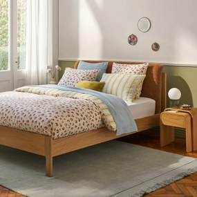 Eikenhouten bed met lattenbodem en gestoffeerd hoofdbord, Talet
