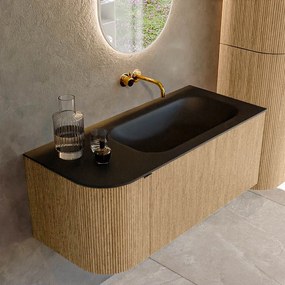 Mondiaz Kurve 105cm badmeubel ronding links oak met 1 lade en deur en wastafel big small rechts zonder kraangat urban