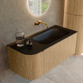 Mondiaz Kurve 105cm badmeubel ronding links oak met 1 lade en deur en wastafel big small rechts zonder kraangat urban