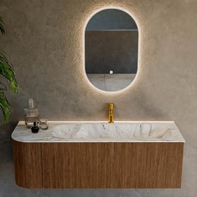 Mondiaz Kurve-dlux 135cm badmeubel ronding links walnut met 1 lade en deur en wastafel big medium kraangat rechts glace