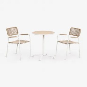 Ronde Tuintafel Set Ø65 Cm En 2 Stapelbare Tuinstoelen Van Staal En Acaciahout Tilda Gardenia Wit - Sklum