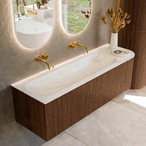 Mondiaz Kurve-dlux 145cm badmeubel ronding rechts walnut met 1 lade en deur en wastafel big large links zonder kraangat ostra
