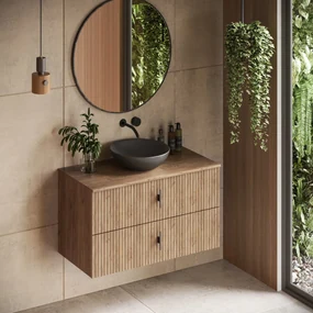 Muebles Mairi badmeubel ribbelfront 100cm warm eiken met zwarte waskom