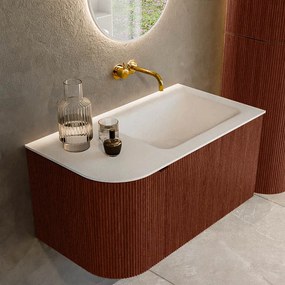 Mondiaz Kurve 85cm badmeubel ronding links ruby met 1 lade en deur en wastafel cloud rechts zonder kraangat
