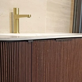 Mondiaz Kurve-dlux 180cm badmeubel ronding links/rechts oak met 2 lades en deuren en wastafel leaf dubbel 2 kraangaten opalo